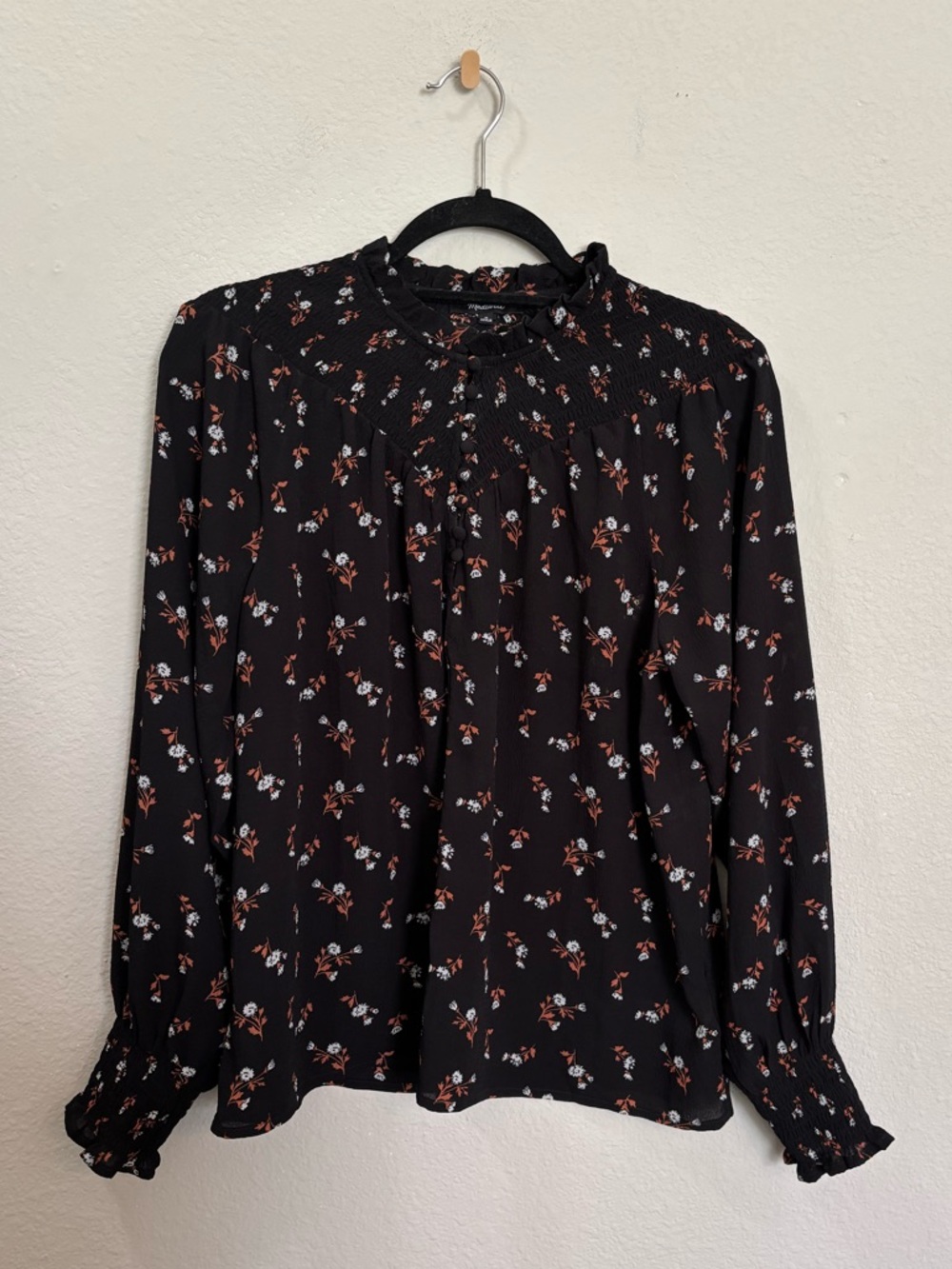 Madewell Black Floral Smocked Button Front Long Sleeve Blouse Size Medium